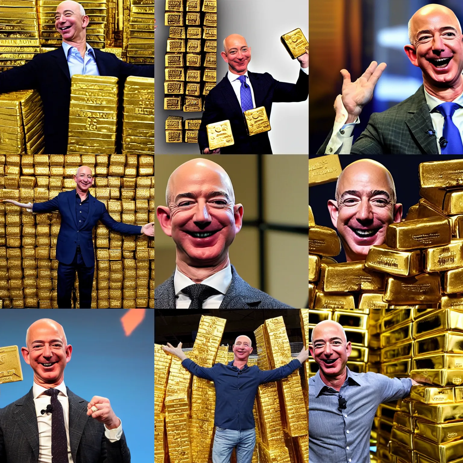 Prompt: jeff bezos laughing with arms full holding gold bars