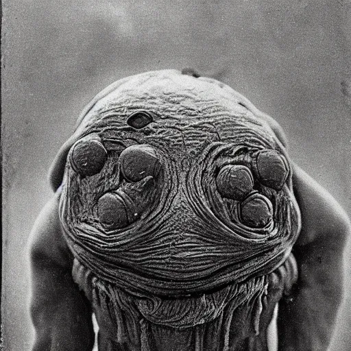 Image similar to tardigrade!!! daguerreotype portrait photograph. inspired by gerard grom and ansel adams and zdzislaw beksinski. highly detailed. old timey.