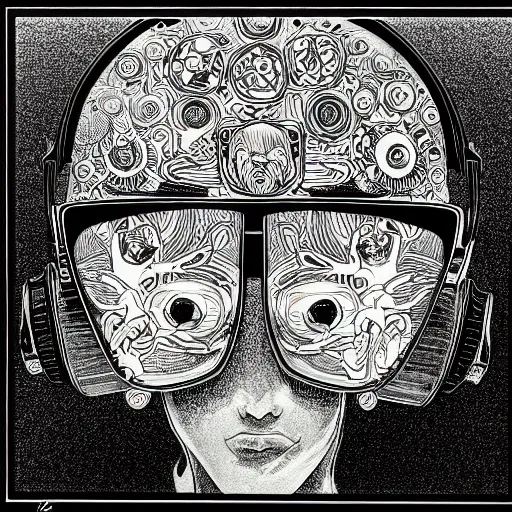 Image similar to holographic headset interface painted in chris dyer style drawn by takato yamamoto, inspired by ooioo and sorayama and ikeuchi, intricate manga drawing, black and white, 3 d, high detail, sharp high detail, artstation, octane