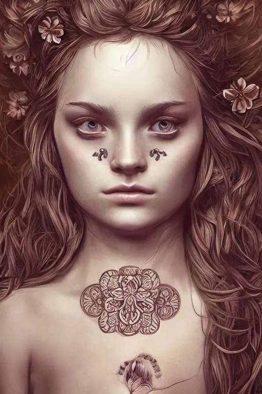 Image similar to a symmetrical portrait with esoteric symbols on the skin and flowers in the hair, intricate, hyperrealistic, concept art, digital art