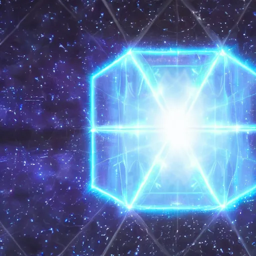Prompt: a photograph of a blue tesseract in the middle of the screen, stars in the background