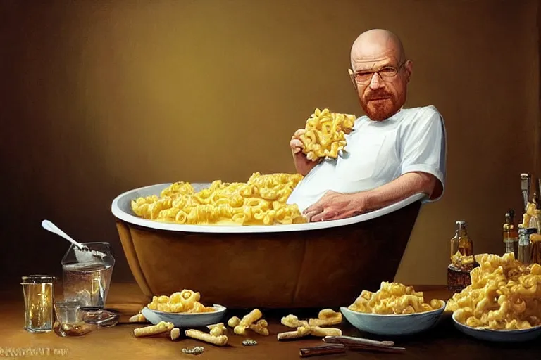 Image similar to portrait of walter white sitting in a bathtub full of mac and cheese, an oil painting by ross tran and thomas kincade