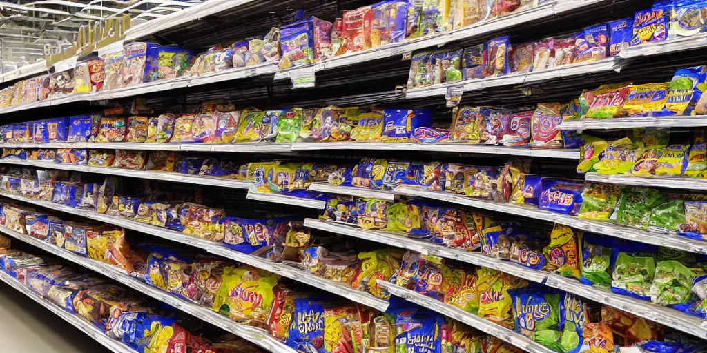 Prompt: 4K texture of Walmart shelves lined with snacks, photorealistic