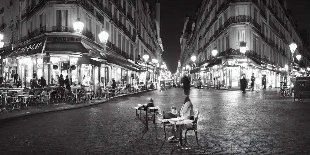 Image similar to a rabbit sitting outside a cafe in paris at night, the eiffel tower is visible in the background, black and white photograph