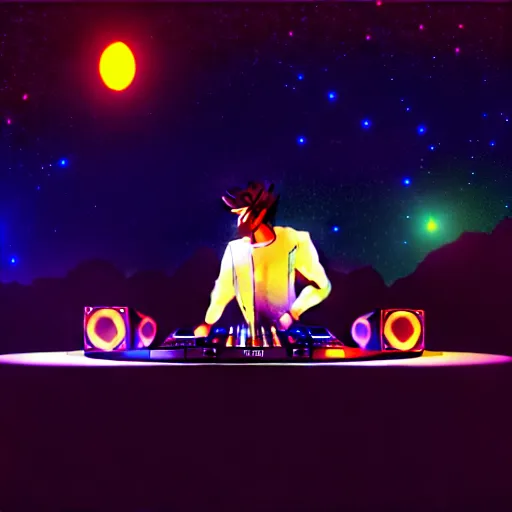 Image similar to A man djing at night under the stars, beautiful, digital art, artstation, hyperrealistic, 8k, unreal engine, octane render, trending on artstation, art by Artgerm and Greg Rutkowski and Alphonse Mucha and Beeple