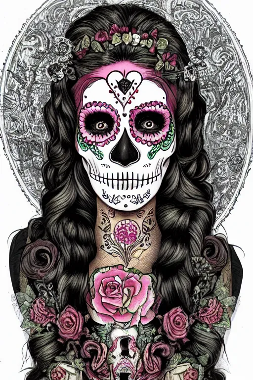 Prompt: illustration of a sugar skull day of the dead girl, art by barry winsor smith