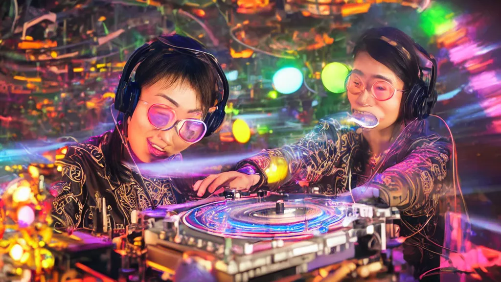 Image similar to an asian woman wearing goggles and visor and headphones using an intricate clockwork record player turntable contraption, robot arms, turntablism dj scratching, intricate planetary gears, smoky atmosphere, cinematic, sharp focus, led light strips, bokeh, iridescent, black light, fog machine, hazy, lasers, spotlights, motion blur, color