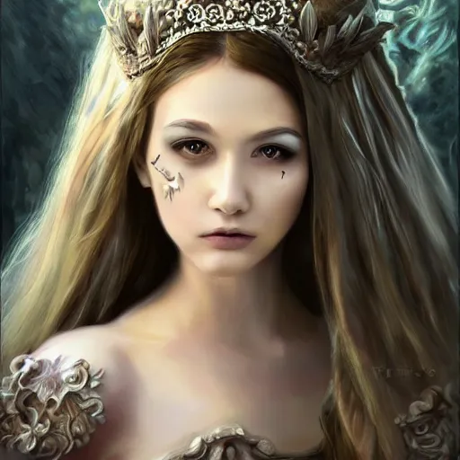 Image similar to portrait painting of beautiful fantasy princess, ultra realistic, concept art, intricate details, eerie highly detailed