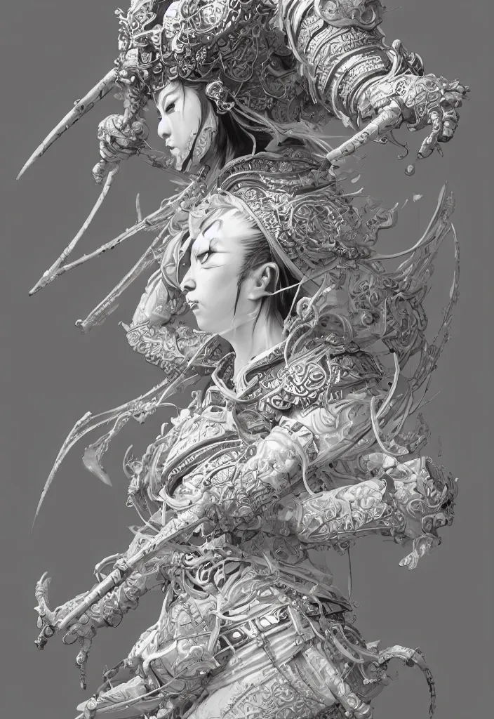 Image similar to subsurface scattering, white, koi, female samurai deity with filigree ivory armor, by jesper ejsing, james jean, justin gerard, tomasz alen kopera, cgsociety and fenghua zhong, highly detailed, rim light, cinematic lighting, illustration, art, octane render, very coherent, cinematic, hyper realism, high detail, 8 k