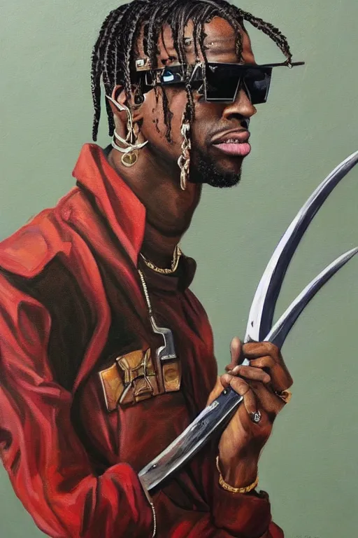 Prompt: travis scott with sunglasses holding a sword, painting