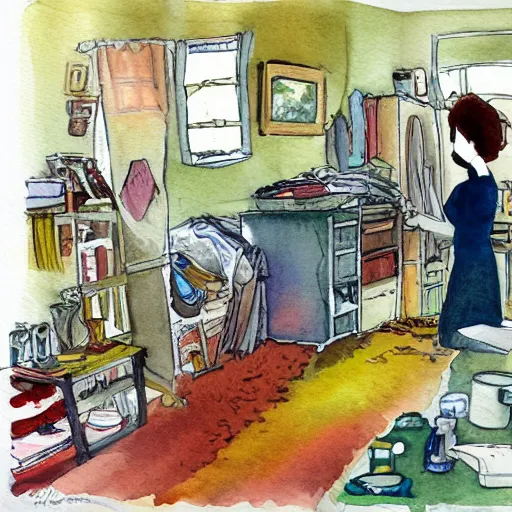 Prompt: woman adhd - ip stands in her messy house. watercolour