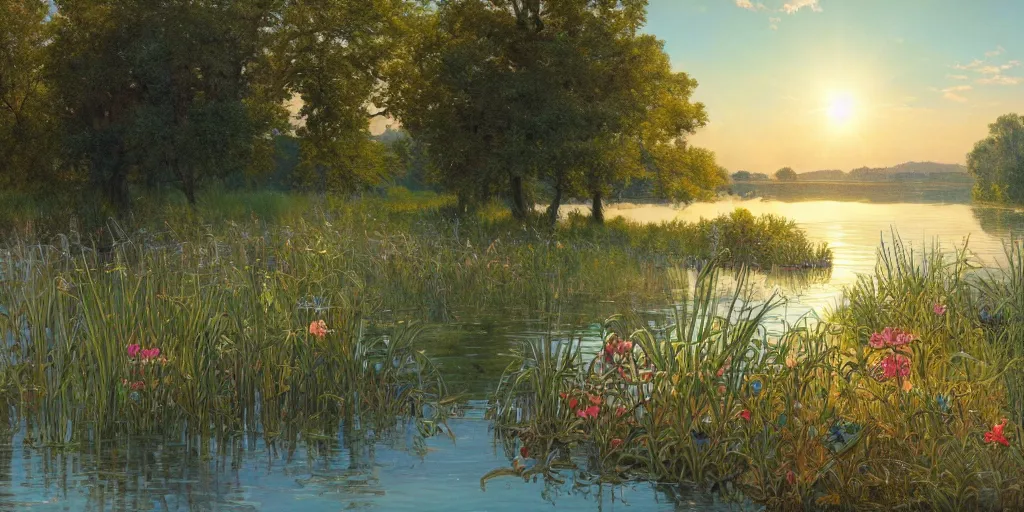 Prompt: a beautiful lake landscape in summer, romantic ambiente, no people, grown reed on riverbank, no mountains, clear sky, sunshine, colorful, by Mohrbacher and Moebius and Alphonse Mucha and Roger Deakins, cinematic lighting, masterpiece, highly detailed, 8k resolution, trending on art station