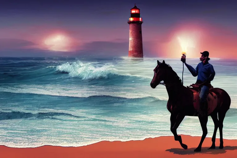 Prompt: photo of man riding a horse along the beach, glowing underwater waves toward a lighthouse in the distance guiding his way, silhouette, wide horizon, large white clouds, seagulls, night, intricate, elegant, highly detailed, digital painting, artstation, concept art, smooth, sharp focus, illustration, rule of thirds art by artgerm and greg rutkowski and fra angelico