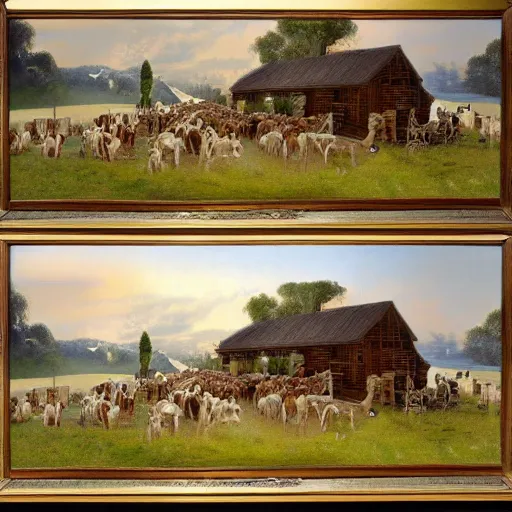 Image similar to an extremely detailed matte painting of the animals leaving noah's ark, dogs, cows, sheep, chickens, ducks, 4 k, noah's ark, antediluvian, by bob ross and norman rockwell