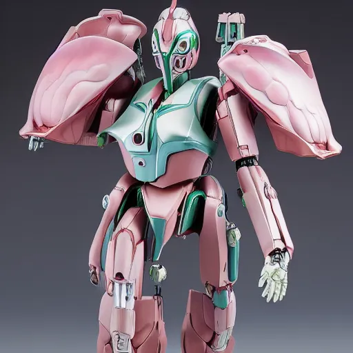 Image similar to futuristic nymphaea themed mecha waterlily upper body, sepals forming helmet, highly detailed, nymphaea, 8 k hd resolution, barbatos mobile suit with floral inlay, bandai box art, star wars, makoto kobayashi, frank gehry, raymond swanland