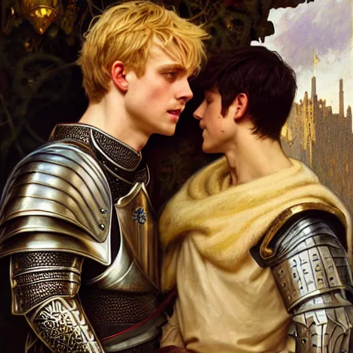 Image similar to attractive arthur pendragon and his favourite attractive male knight, they are in love, camelot, natural lighting, path traced, highly detailed, high quality, digital painting, by gaston bussiere and ross tran and j. c. leyendecker and alphonse mucha