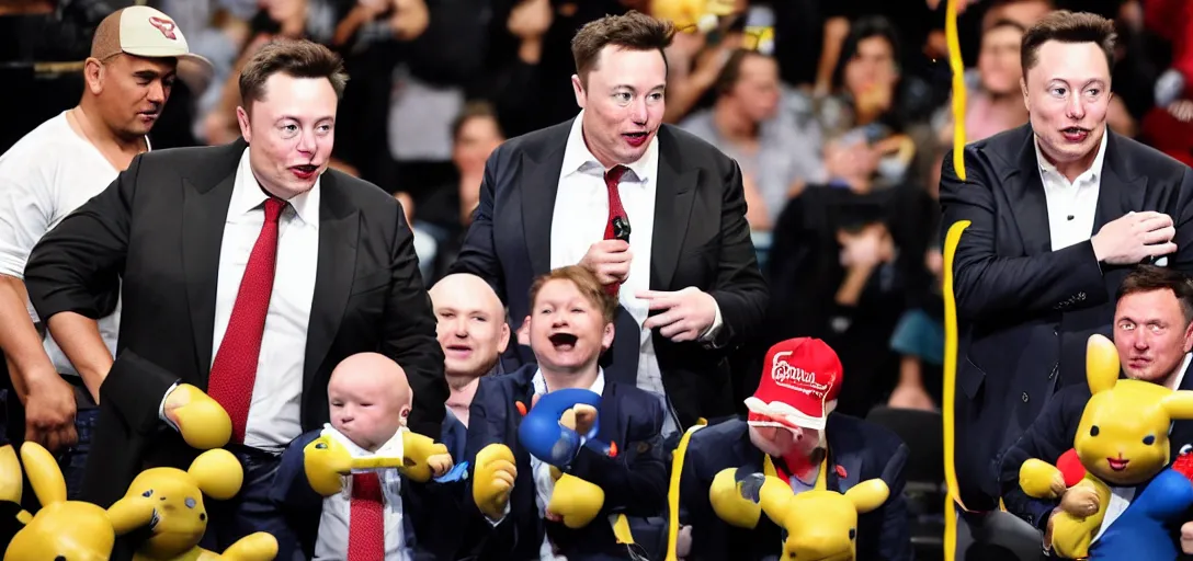 Image similar to elon musk in a boxing arena against donald trump with a crowd of pikachus