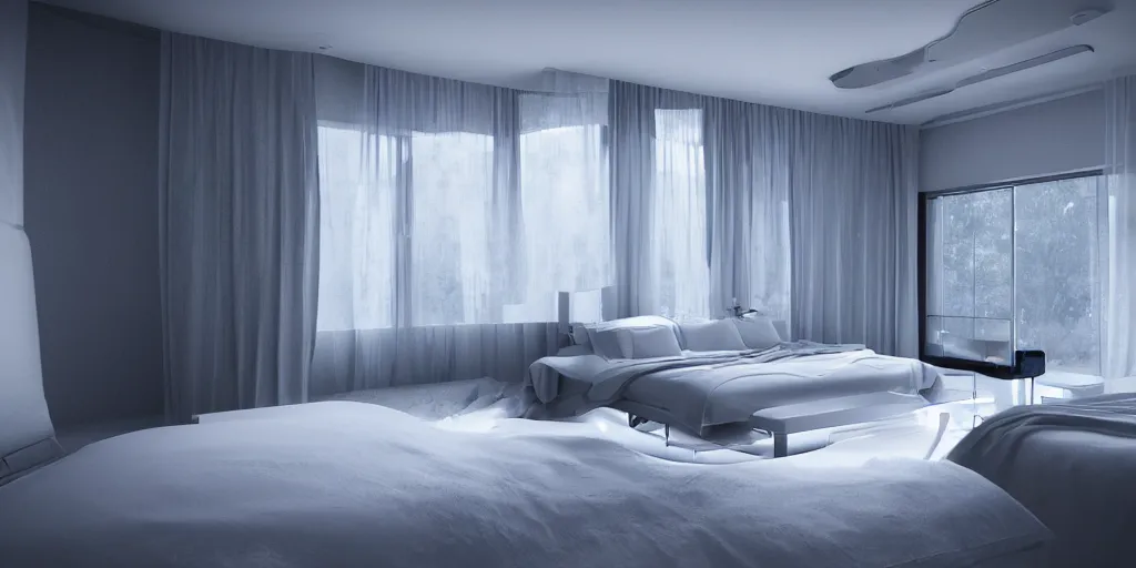 Image similar to a white futuristic bed in a futuristic minimalistic room with a huge window overlooking space, photorealistic, cinematic, octane render