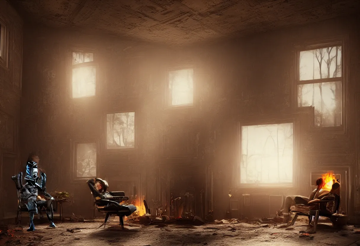 Image similar to An intimate closeup portrait photograph of a solitary futuristic robot sitting on a frayed recliner in front of a beautiful fireplace with a cozy fire, in a dilapidated steampunk Victorian home, soft morning light seeping in a window, with cinematic lighting and lens flare, tall ceiling, octane render, cgsociety, by Simon Stalenhag and Alfonso Cuaron, highly detailed close shot , award-winning highly detailed 8k anamorphic Arri Alexa Cooke cinematic movie photograph