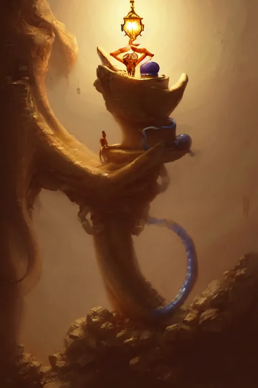 Prompt: genie man from aladdin's lamp, by wlop, by luis royo, by peter mohrbacher, concept art, digital illustration, intricate, masterpiece, elegant, super detailed, unreal engine rendering, smooth, sharp focus, artstation hq