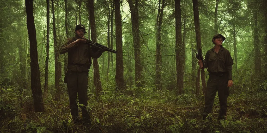 Prompt: cinematic photograph of a man with a baseball hat and a rifle standing in a dark lush forest, apprehensive, awaiting doom, 1 9 8 0 s stephen king atmosphere,