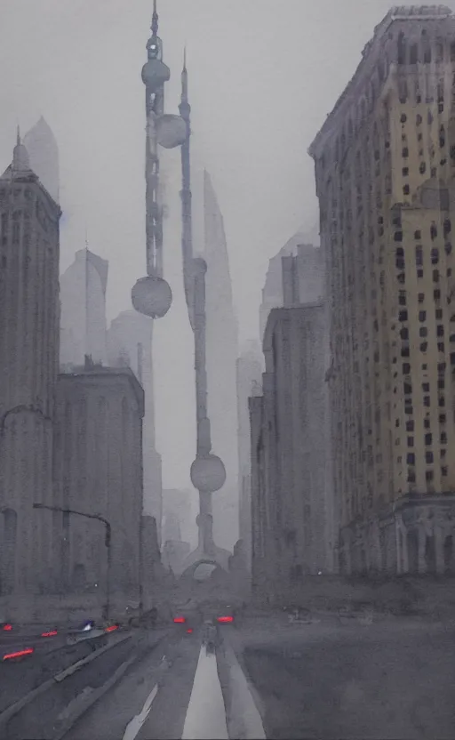 Prompt: A watercolor depicting an empty Shanghai Bund, gloomy weather, high contrast, smooth, by Joseph Zbikowicz, 8k