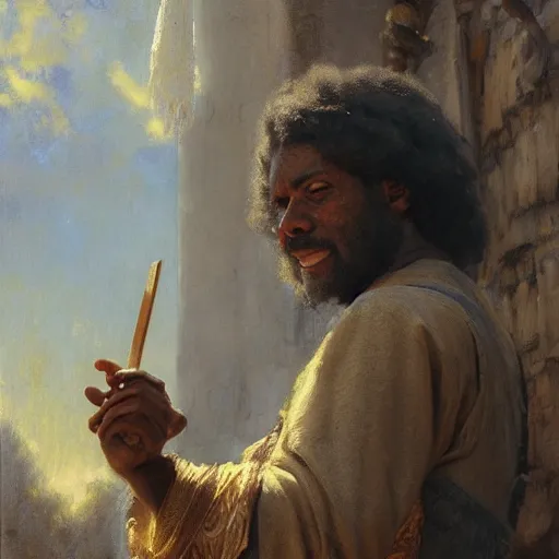 Prompt: a medieval carpenter, afro-featured, relaxing after work, candid, fantasy character portrait by gaston bussiere, craig mullins