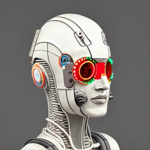 Prompt: a claymodel of a dieselpunk aztec futuristic robot head wearing an emotiv eeg - headset, 8 k, front shot, symetrical, flourescent colors, halluzinogenic, multicolored, insanely detailed, front shot, bust shot, 3 d render, octane