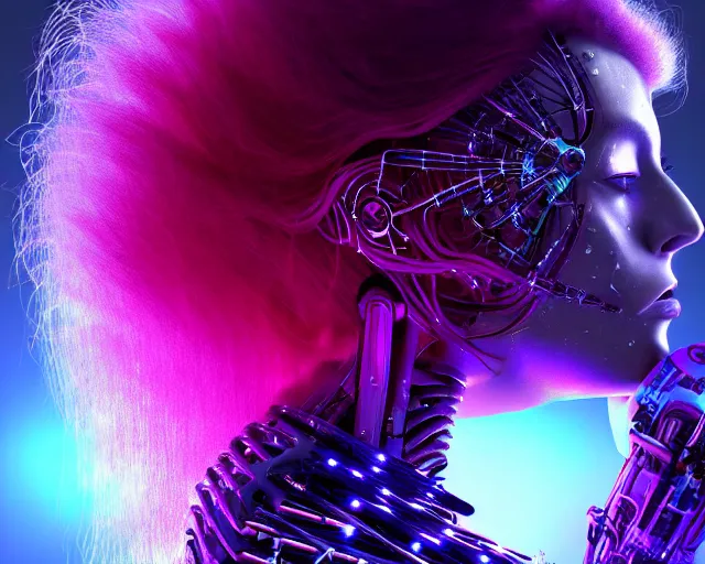 Prompt: glowing hair, complex cybernetic beings, beautiful hairy humanoids, cybermagnetosphere, cybernetic civilizations, ornate hair, love, joy, vortexes, large arrays, data holograms, 8 k, cinematic light shadows, wet hdr refractions, *, * * *, * * * * *