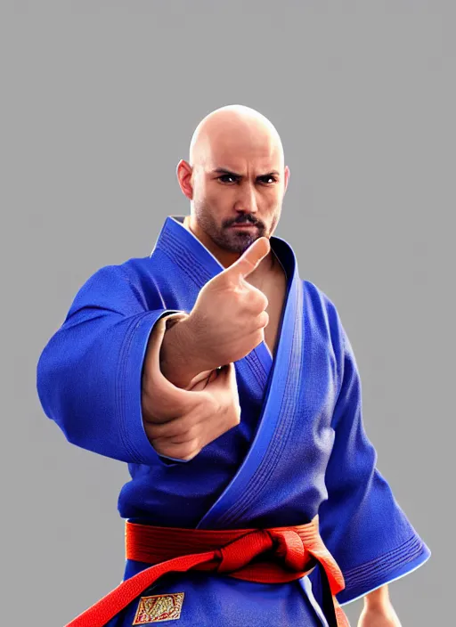 Prompt: bald male martial artist with a high ponytail!!!! asian facial features and blue eyes!! intricate ornate blue robes!! character concept art, sharp focus, octane render! unreal engine 5! highly rendered!! trending on artstation!! detailed linework!! illustration by artgerm, wlop, and chie yoshii