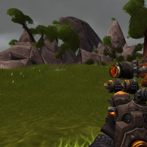 Image similar to world of warcraft re - imagined as a first person shooter. holding a rifle with a scope