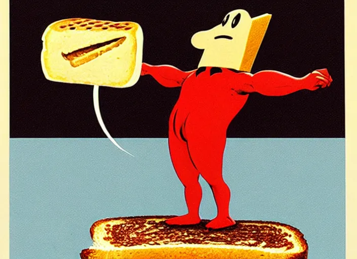 Prompt: anthropomorphic piece of toast in front of a podium, by marco bucci and frank frazetta