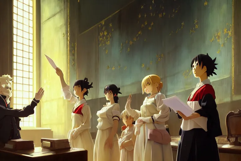 Image similar to baroque oil painting of key visual environment concept art of anime maid being sworn into presidential office, brutalist, dark fantasy, rule of thirds golden ratio, fake detail, trending pixiv fanbox, acrylic palette knife, style of makoto shinkai studio ghibli genshin impact jamie wyeth james gilleard greg rutkowski chiho aoshima