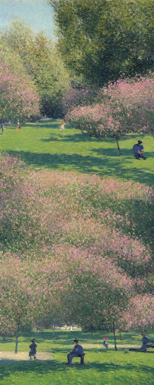 Prompt: a beautiful park in full bloom, people playing, noon, Gustave Caillebotte, artstation, 8k