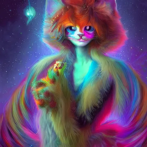 Prompt: autistic bisexual cat graphic designer, long haired androgynous humanoid covered in fur, weirdcore voidpunk fursona, coherent detailed painterly character design turnaround, digital art by delphin enjolras, wlop, louis wain, lisa frank, furaffinity, cgsociety, trending on deviantart