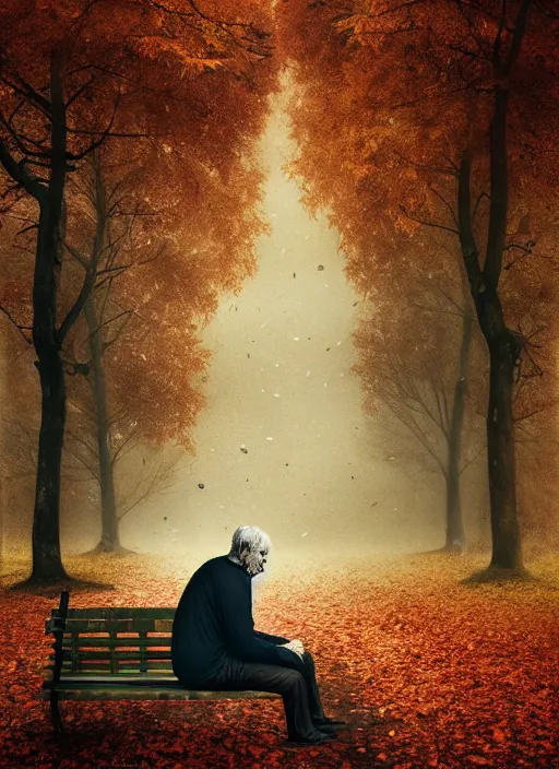 Image similar to man crumbles apart into autumn leaves. conceptual photography portrait of a crumbling old man on a park bench falling apart into leaves, autumn tranquility, forgetfulness, oblivion, inevitability, aging, surreal portrait, moody, by tom bagshaw, cold, 4 k