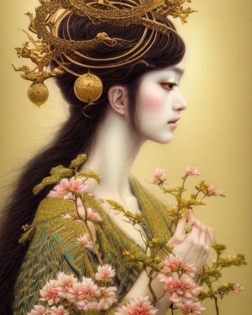 Prompt: portrait of a beautiful goddess of nature, graceful beauty, esoteric, ornamental, nature aesthetics, head in focus, elegant, highly detailed, painterly, artstation, artistic, concept art, hasselbrad photography, sharp focus, illustrative, by chie yoshii