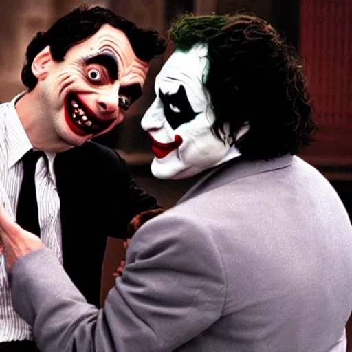 Image similar to romance scene of mr. bean and the joker making out in batman vs bean, 2 0 2 0