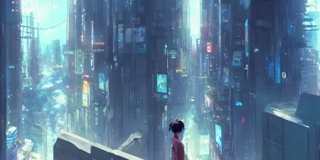 Prompt: beautiful anime painting of a woman looking out of the balcony to the cyberpunk city, by makoto shinkai, kimi no na wa, artstation, atmospheric.