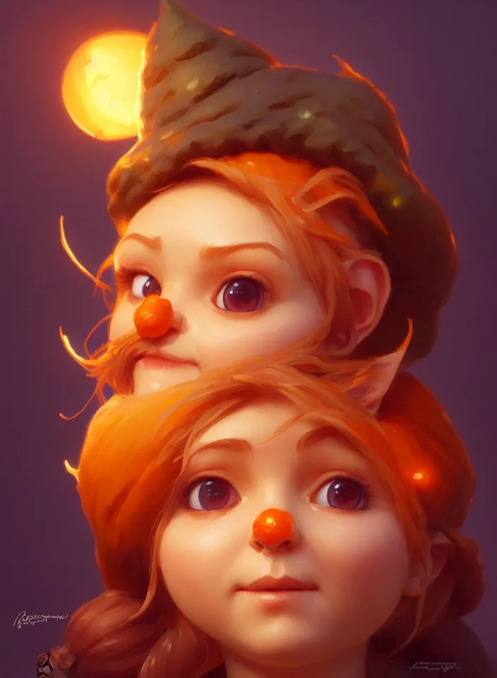 Image similar to hand drawn cute one gnomes face in autumn and pumpkin, detailed closeup face, concept art, low angle, high detail, warm lighting, volumetric, godrays, vivid, beautiful, trending on artstation, art by artgerm and greg rutkowski and alphonse mucha