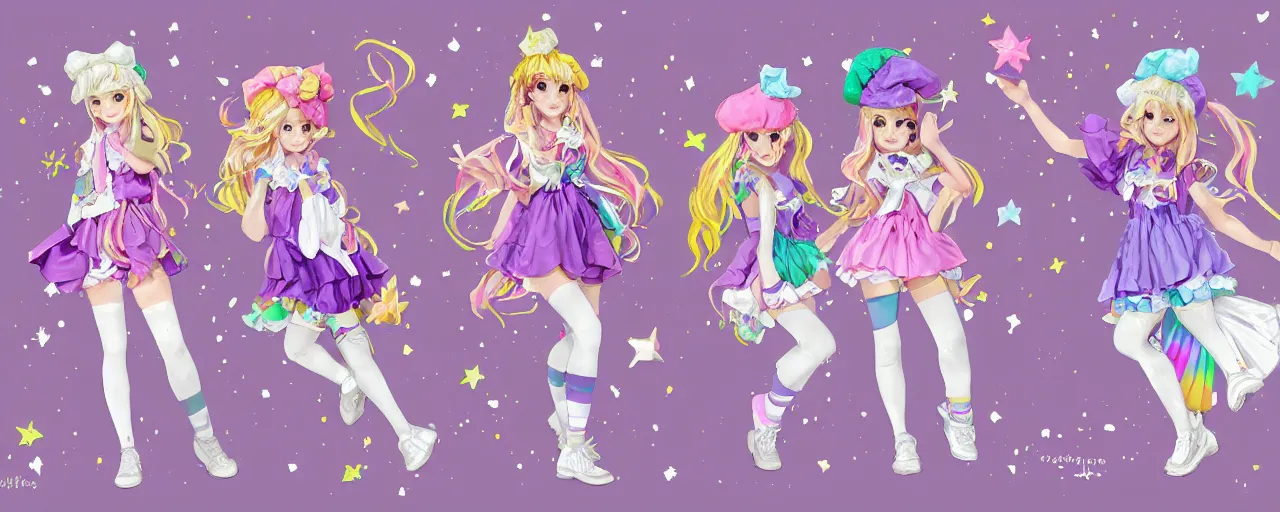 Prompt: A character sheet of full body cute magical girls with short blond hair wearing an oversized purple Beret, Purple overall shorts, Short Puffy pants made of silk, pointy jester shoes, a big billowy scarf, and white leggings. Rainbow accessories all over. Flowing fabric. Ruffles and Bows. Petticoat. Covered in stars. Short Hair. Art by Johannes Helgeson and william-adolphe bouguereau and Paul Delaroche and Alexandre Cabanel and Lawrence Alma-Tadema and WLOP and Artgerm and Shoichi Aoki. Fashion Photography. Decora Fashion. harajuku street fashion. Kawaii Design. Intricate, elegant, Highly Detailed. Smooth, Sharp Focus, Illustration Photo real. realistic. Hyper Realistic. Sunlit. Moonlight. Dreamlike. Fantasy Concept Art. Surrounded by clouds. 4K. UHD. Denoise.