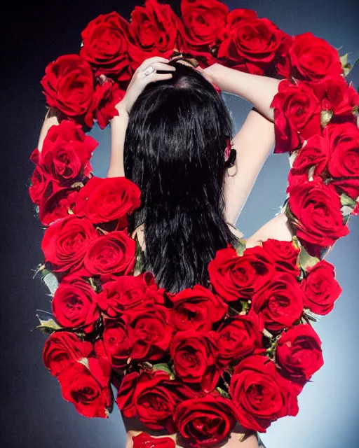 Prompt: olivia wearing an outfit made from red roses, on center stage of a concert, lush black hair, average physique, freckled pale skin, photo by greg rutkowski, stage lighting, soft colors, female beauty, intricate detail, risque fashion, elegance, 3 5 mm, depth of field, masterpiece