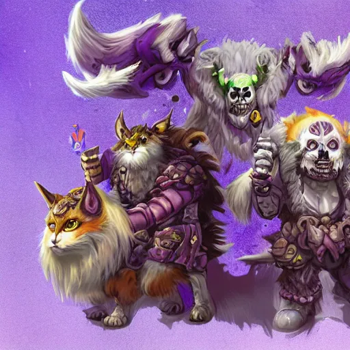 Image similar to cute fluffy animal skeleton creatures. blizzard warcraft animal creatures, graveyard background, bright art masterpiece artstation. 8k, sharp high quality illustration in style of Jose Daniel Cabrera Pena and Leonid Kozienko, violet theme, concept art by Tooth Wu, hearthstone card game artwork