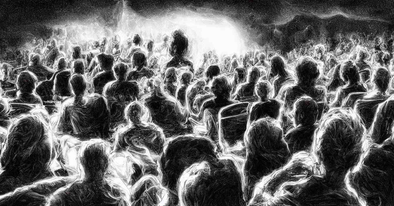 Prompt: rear view of the seated souls in the cinema watching volumetric light of consciousness projecting illusions of their lives on the big screen, trapped ego, realistic, deep sense of spirituality, visual plasticity, shading in vray, style of arthur adams