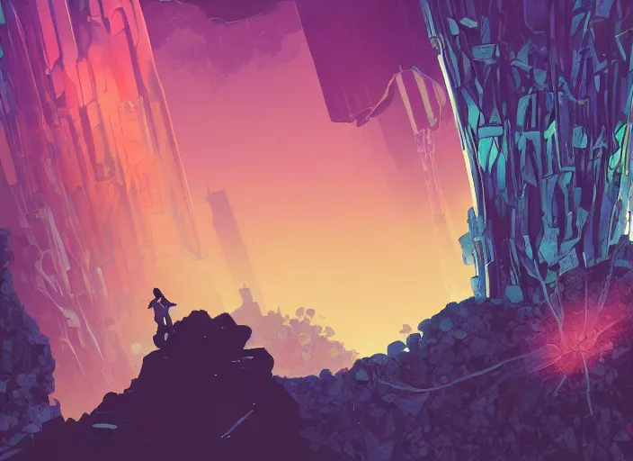 Prompt: comic book art of a [ man ] in trenchcoat with ( glowing ) [ gloves ] and [ boots ] crossing a [ old ] bridge in a [ jungle ] looking up at a [ mountain ] made of crystalized rock, a [ glowing tower ] extends into the sky, low angle, artstation illustration, elegant, arcane by tim doyle