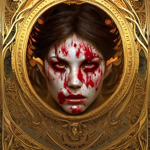Prompt: whirling ornate intricate portrait of a bloodied filigreed butcher, rippling, warping, ultra realistic, concept art, intricate details, eerie, highly detailed, photorealistic, octane render, 8 k, unreal engine. art by artgerm and greg rutkowski and alphonse mucha