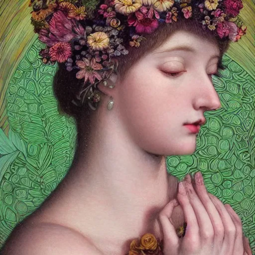 Image similar to white girl, botanical, portrait face, colorful, frantisek kupka, intricate, miles johnston, kuroda seiki, cynical realism, ozabu, john william godward, painterly, yoshitaka amano, moebius, miles johnston, louise zhang, james jean, mark ryden lowbrow pop surrealism art style