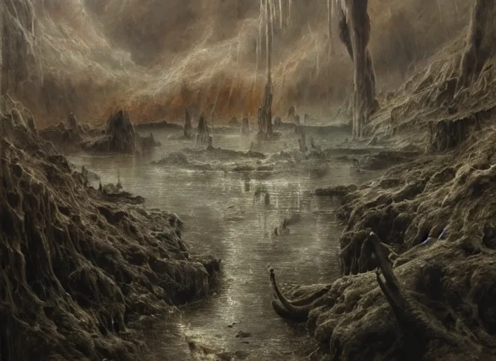 Prompt: acheron river of hell | highly detailed oil painting, hyperrealistic, very intrincate | cinematic lighting, award - winning | by rachel ruysch, giger, beksinski and bocklin | by austin osman spare and william blake, trending on artstation, cgsociety, official art, octane.