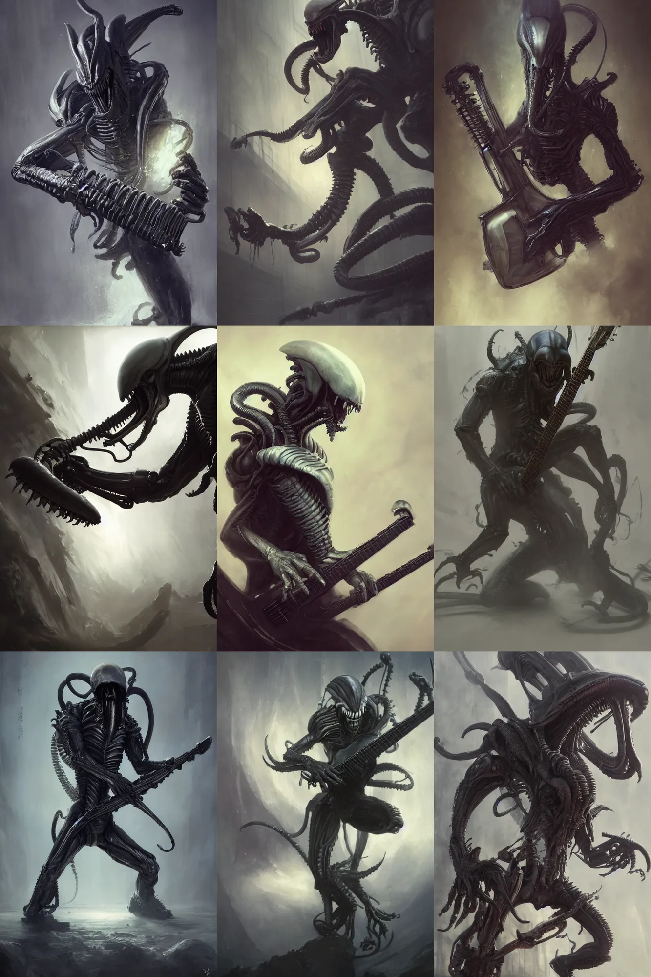 Prompt: a xenomorph with a long grey beard playing the guitar, black clothing, 3 d render, hyper - realistic detailed portrait, ruan jia, wlop. scifi, fantasy, magic the gathering, hyper detailed, octane render, concept art, peter mohrbacher, hr geiger