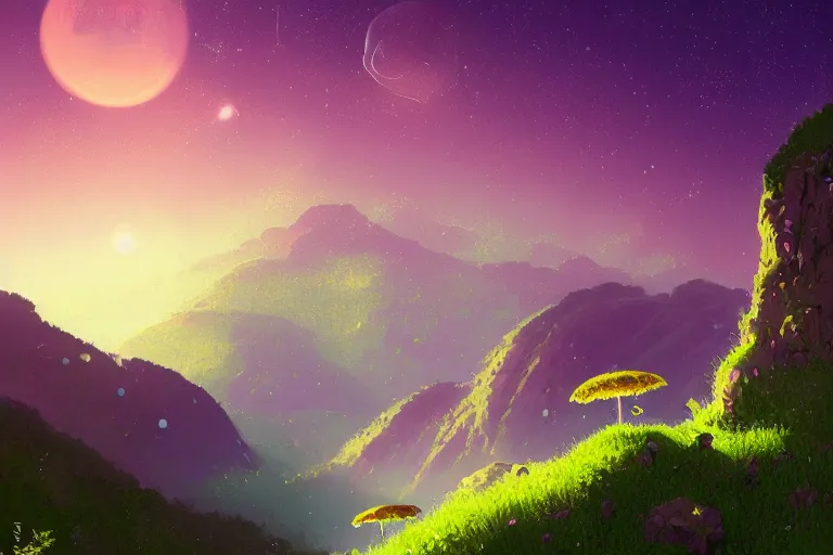 Image similar to a beautifully ultradetailed painting of a mysterious fern green location on top of a universe on the side of a mountain filled with giant orange and purple crystals illuminated by pastel pink fireflies, icy blue mist, morning shot, alena aenami, raphael lacoste, makoto shinkai, 4 k, trending on artstation